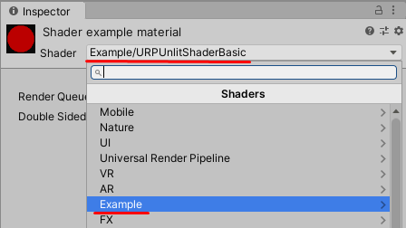 Location of the shader in the Shader menu on a Material