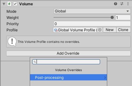 Add post-processing effects to the Camera by adding Volume Overrides to the Volume component.