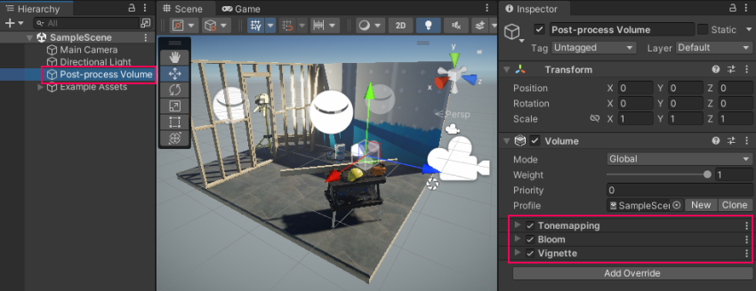 Add post-processing effects to the Camera by adding Volume Overrides to the Volume component.