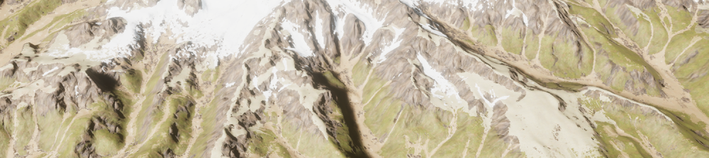 A Terrain GameObject rendered with the Terrain Lit shader.