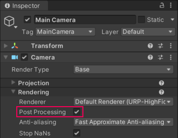 Select a Camera, select the Post Processing check box.