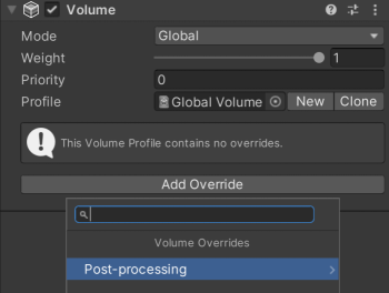 Add post-processing effects to the Camera by adding Volume Overrides to the Volume component.