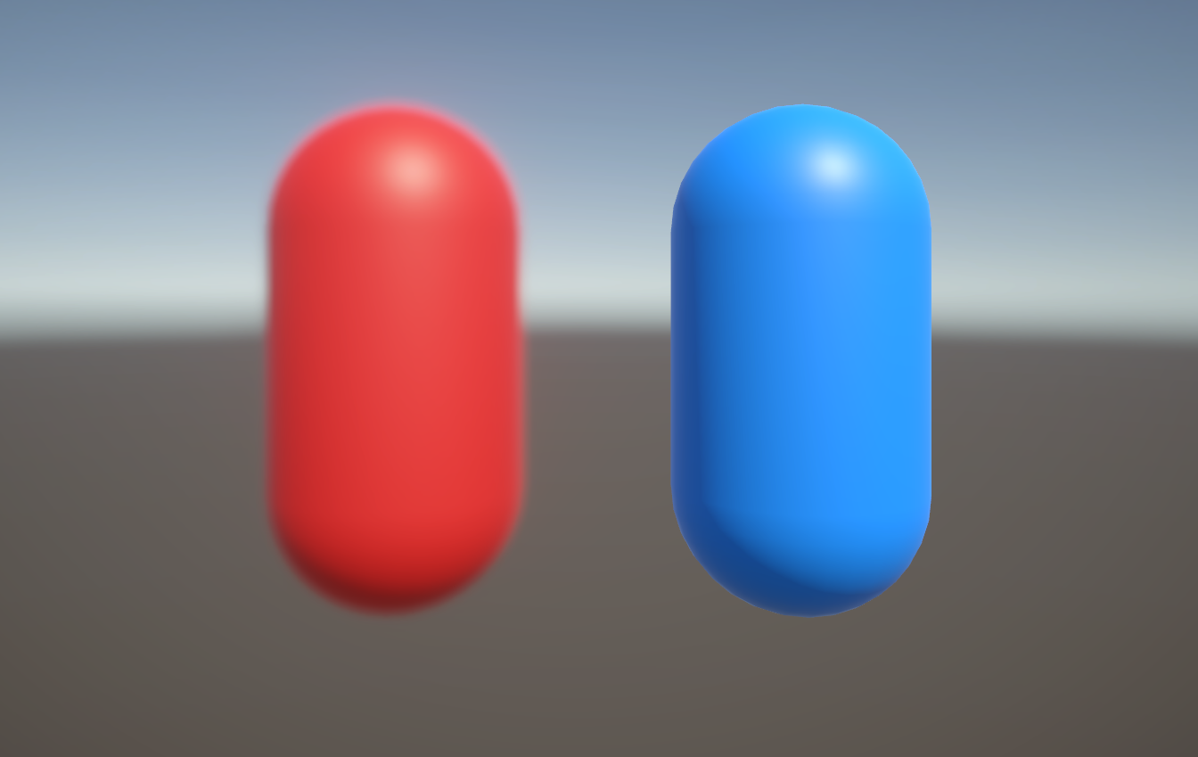 A red capsule with a post-processing effect, and a blue capsule with no post-processing