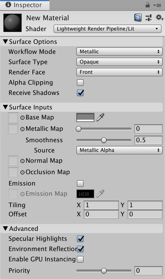 Inspector for the Lit Shader