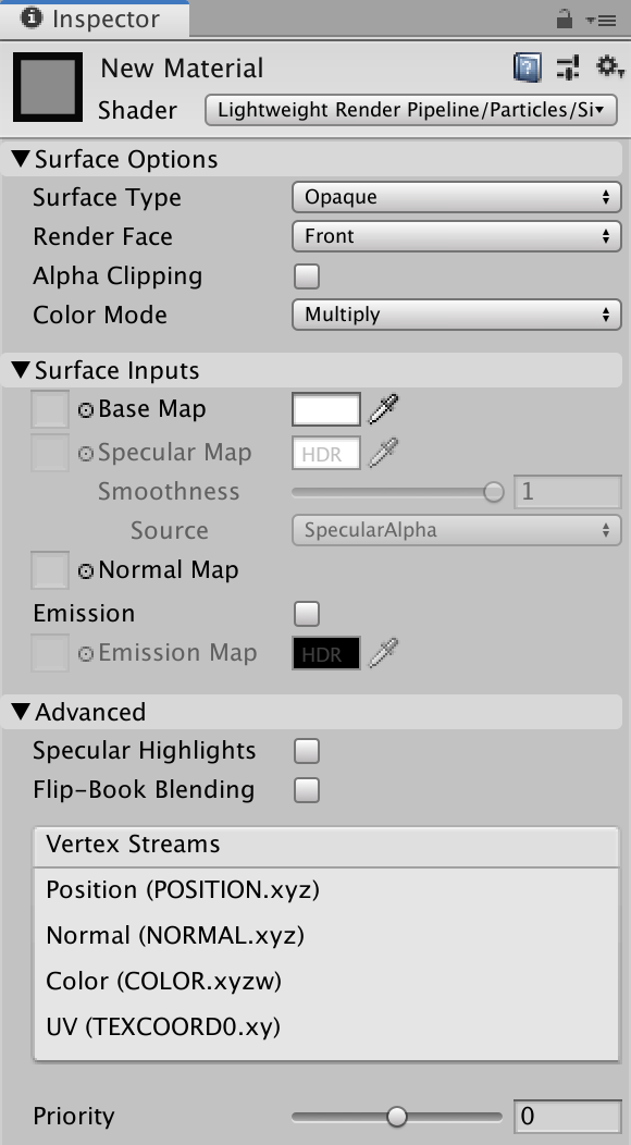 Inspector for the Particles Simple Lit Shader