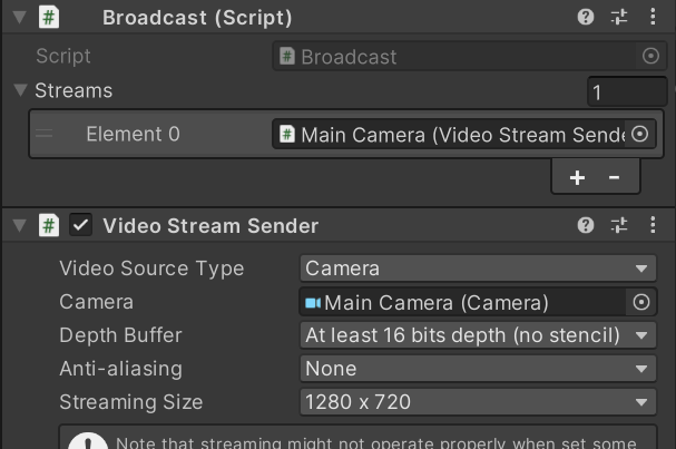 Assign VideoStreamSender component to streams