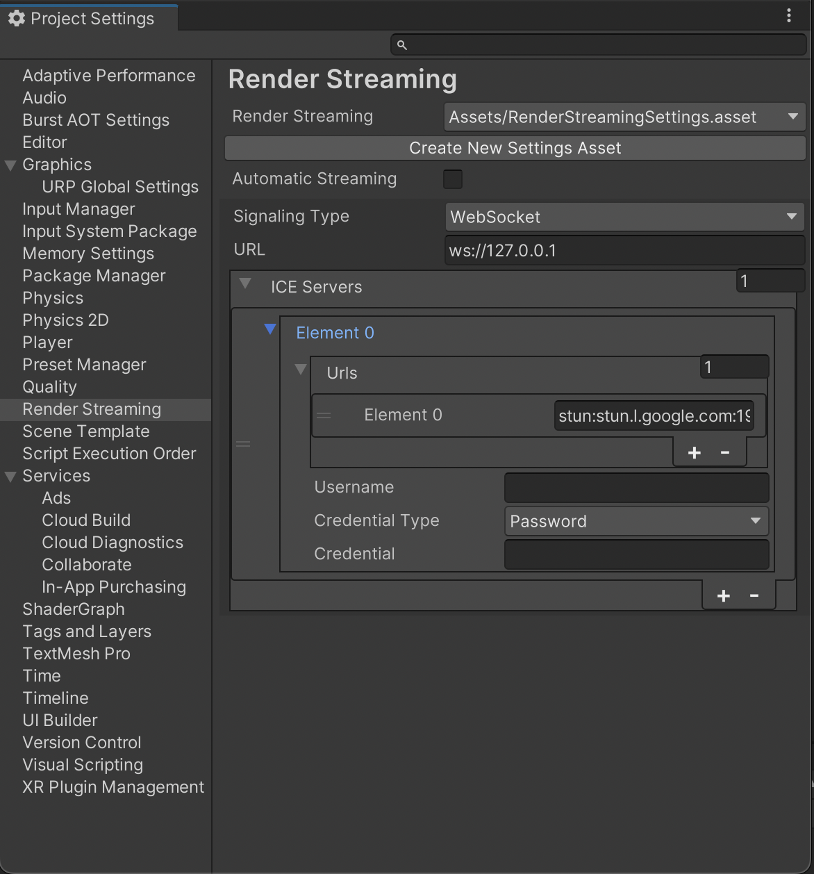 Render Streaming Project Settings