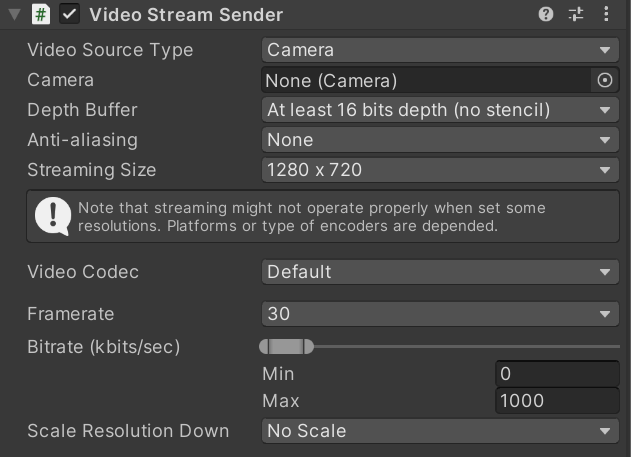 Video Streaming Component | Unity Render Streaming | 3.1.0-exp.6