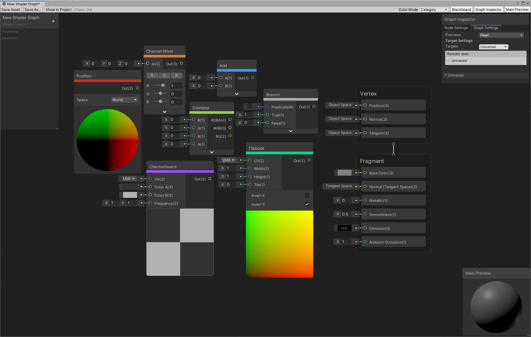 A screenshot of Unity's Shader Graph in Category Color Mode, where each node is color-coded based on its function. Artistic nodes appear in orange, #DB773B, channel-related nodes in green, #97D13D, input nodes in red, #CB3022, math operations in blue, #4B92F3, procedural elements in purple, #9C4FFF, utility nodes in gray, #AEAEAE, and UV-related nodes in teal, #08D78B.