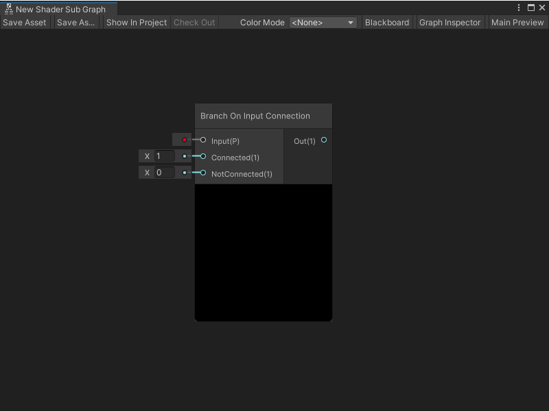 An image of the Graph window, that shows the Branch on Input Connection node.