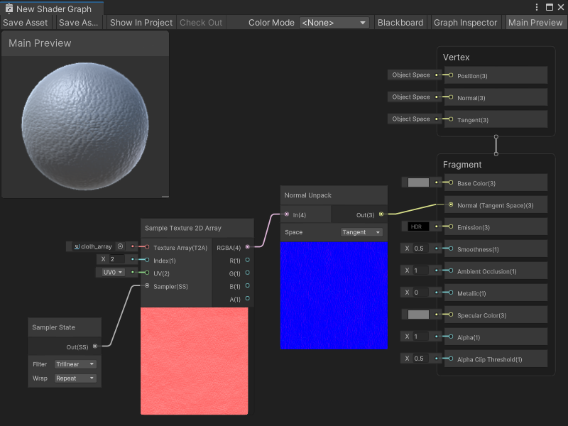 An image of the Graph window, that displays a Sample Texture 2D Array node. The node has a Sampler State node attached as an input and sends its RGBA output to the Normal Unpack node. The Normal Unpack node's Out output port connects to the Normal (Tangent Space) Block node in the Master Stack. The Index is set to 2, which makes the sphere in the Main Preview window render with a leather-like Texture.