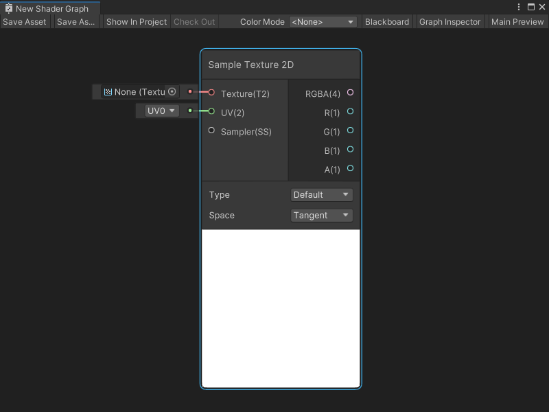 An image that displays the Graph window with a Sample Texture 2D node.