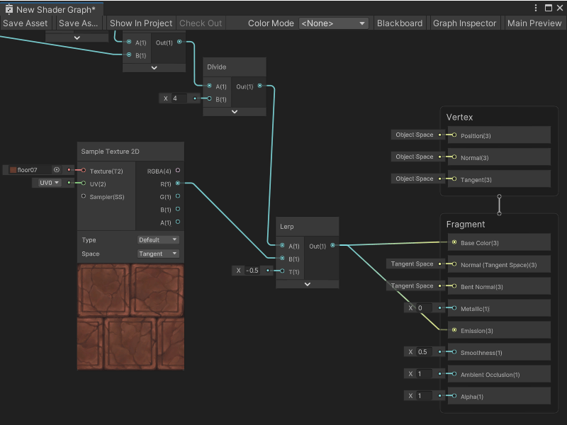 An image of the Graph window, that displays a Sample Texture 2D node with its R port connected to the B port on a Lerp node. The Lerp node takes the result of the Divide node from the previous image and sends its Output port result to the Fragment Stage's Base Color and Emission nodes.