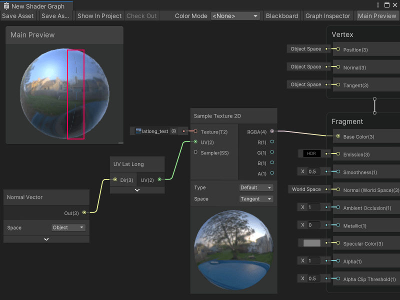 An image of the Graph window, that displays a UV Lat Long Subgraph node connected to the UV input port on a Sample Texture 2D node. The Sample Texture 2D provides its RGBA output to the Base Color Block node in the Master Stack. The Main Preview of the sampled Texture has a noticeable seam along the middle of the sphere.