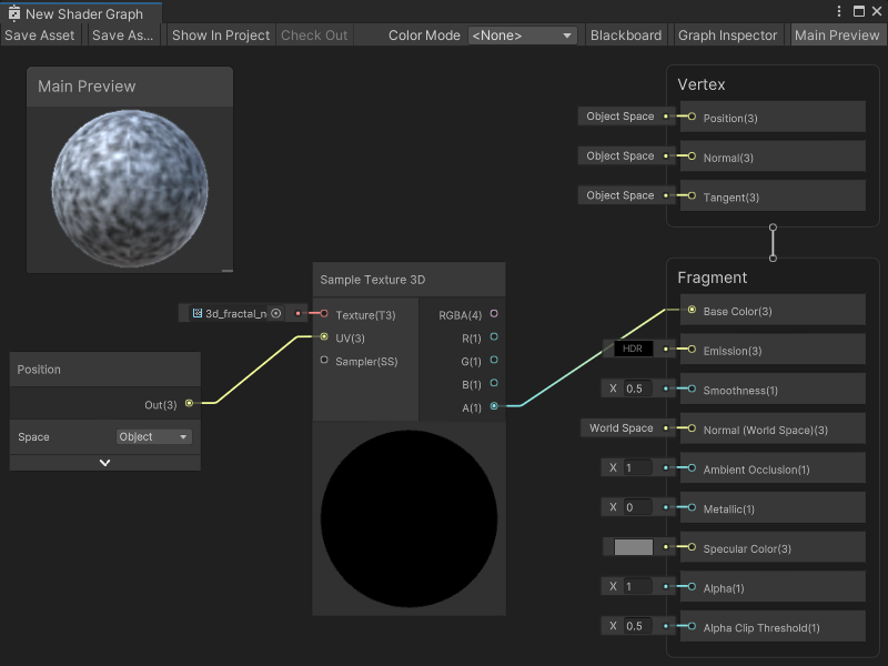 An image of the Graph window, that displays a Position node connected to the UV input port on a Sample Texture 3D node. The Sample Texture 3D node's A output port connects to the Base Color Block node in the Fragment Context of the Master Stack.