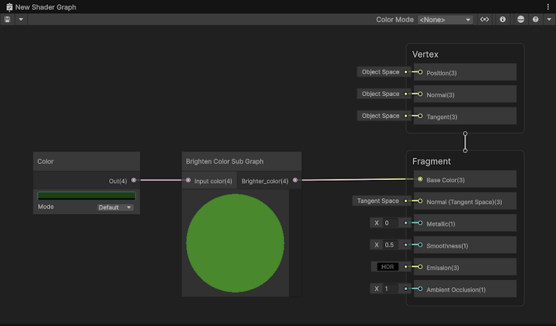 A dark Color property connected to the input of the Brighten Color Sub Graph node. The Sub Graph node displays a preview of the multiplied brighter color. The output connects to the Base Color of the Fragment context.