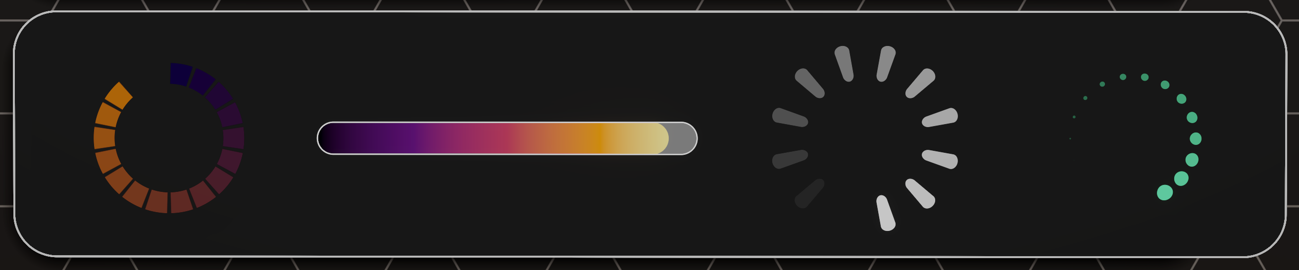 From left to right: A circular segmented ring with a gradient transitioning from orange and brown to dark purple; a gradient bar smoothly blending from dark purple through pink, orange, yellow, to light gray; a spinner with circular segments fading from light to dark to simulate motion; and another spinner featuring green dots forming an incomplete curved circle, with larger dots clustered at the bottom-right and smaller ones tapering toward the top-left.