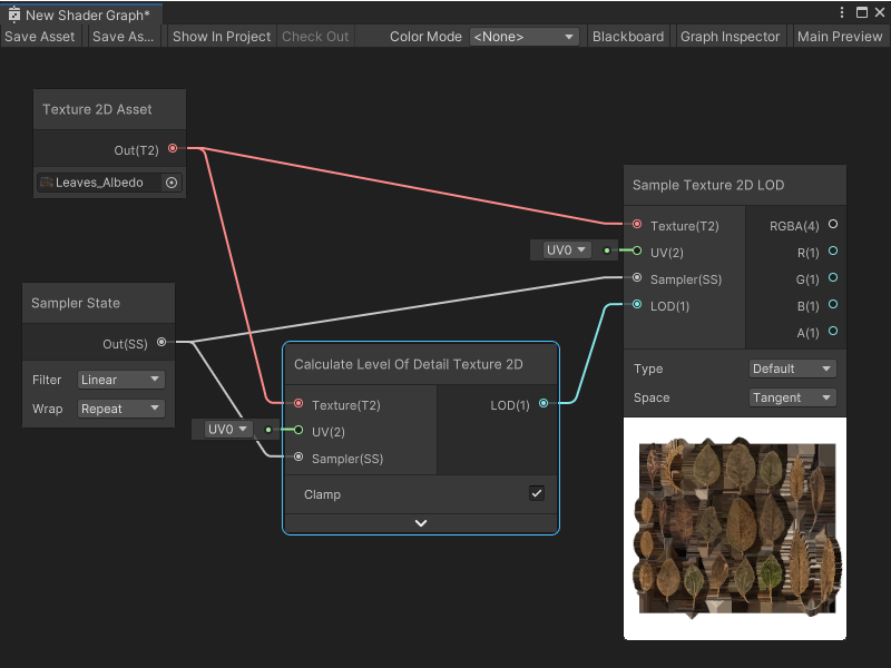 An image of the Graph window, that displays a Texture 2D asset node connected to a Calculate Level of Detail Texture 2D node. The node sends the calculated mip level as an input to the LOD input port on a Sample Texture 2D LOD node.