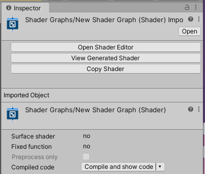 The Inspector window showing the View Generated Shader button among other options.