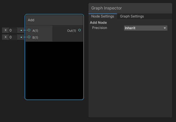 A node selected in the workspace, and the Graph Inspector showing the Precision setting.
