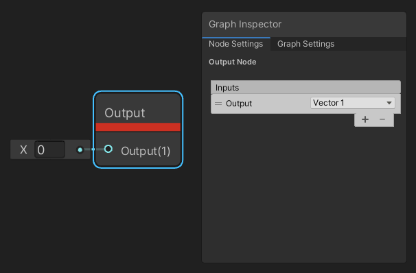 A subgraph output node selected in the workspace, and the Graph Inspector showing the node settings.
