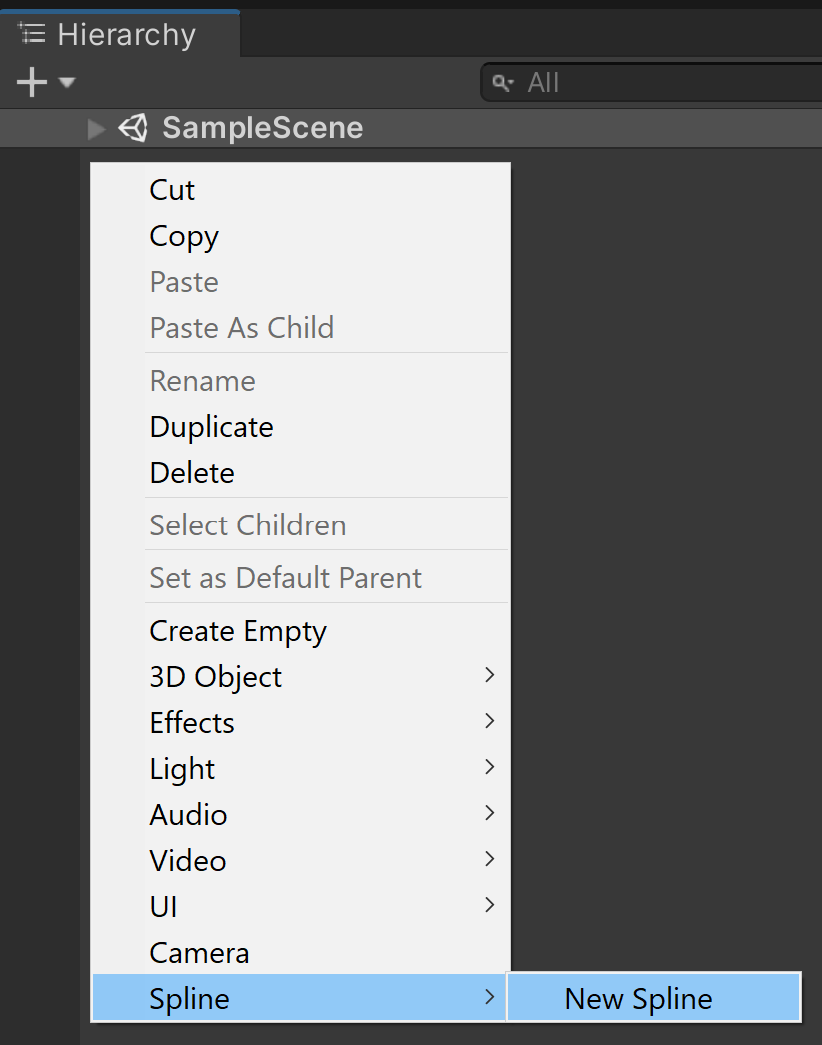 Create Spline, Hierarchy window