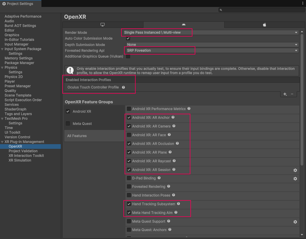 OpenXR tab of XR Plug-in Management with configuration for Android XR.