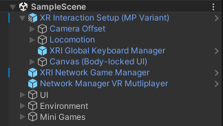 The VR Multiplayer template Sample Scene in the Hierarchy window. The XR Interaction Setup (MP Variant) is expanded to show the pre-configured game objects. The VR Multiplayer template Sample Scene in the Hierarchy window. The XR Interaction Setup (MP Variant) is expanded to show the pre-configured game objects.