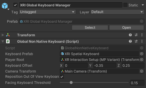The XRI Global Keyboard Manager prefab in the Inspector window. The Global Non Native Keyboard (Script) component is attached, which displays the default configuration of settings as they appear in the Inspector window. The XRI Global Keyboard Manager prefab in the Inspector window. The Global Non Native Keyboard (Script) component is attached, which displays the default configuration of settings as they appear in the Inspector window.