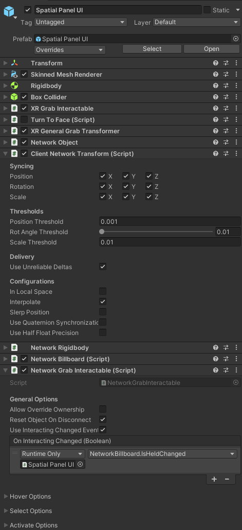 The Spatial Panel UI prefab in the Inspector window. The Spatial Panel UI prefab in the Inspector window.