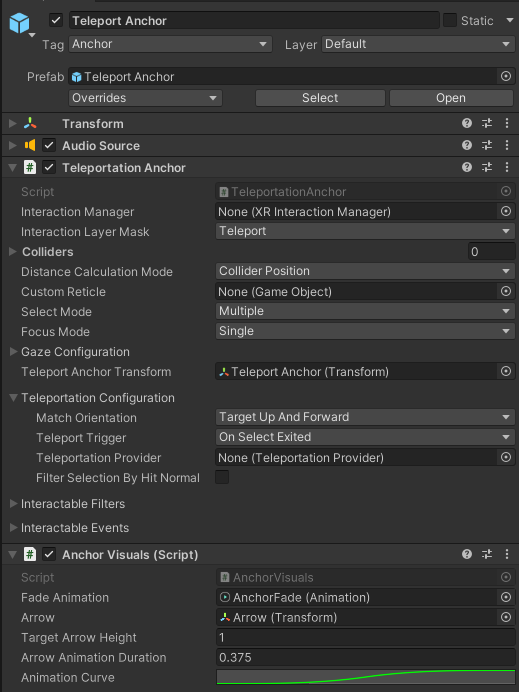 An example teleportation anchor from the sample scene viewed in the Inspector window. An example teleportation anchor from the sample scene viewed in the Inspector window.