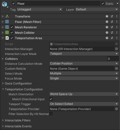 The Floor GameObject in the Inspector window is opened to display the Teleportation Area script. The Teleportation Configuration section is expanded to display teleportation settings.