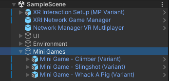 The Hierarchy displays the three Mini Game examples provided in the VR Multiplayer template. Climber, Slingshot, and Whack A Pig.