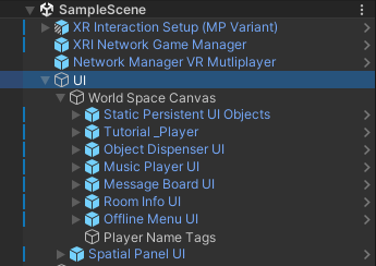 The Hierarchy window with the UI GameObjects expanded to show the UI prefabs provided in the Sample Scene. Under UI, World Space Canvas is expanded to show the sample prefabs: Static Persistent UI Objects, Tutorial_Player, Object Dispenser UI, Music Player UI, Message Board UI, Room Info UI, Offline Menu UI, Player Name Tags.