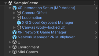 The VR Multiplayer template Sample Scene in the Hierarchy window. The XR Interaction Setup (MP Variant) is expanded to show the pre-configured game objects.