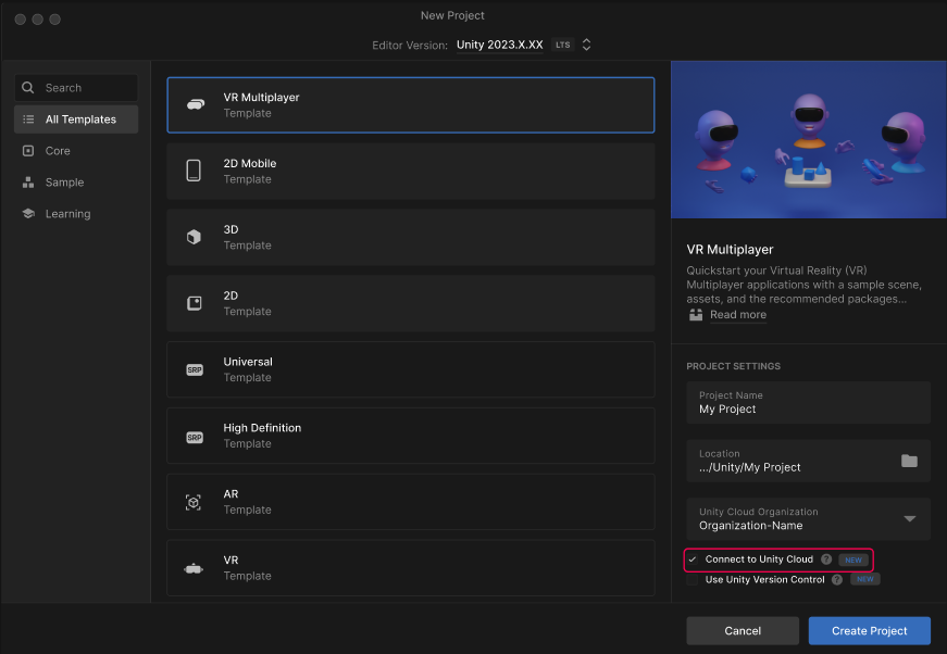 The create a Project window of the Unity Hub with the VR Multiplayer template and Connect to Unity Cloud selected.