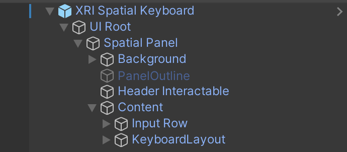 The XRI Spatial Keyboard in the Hierarchy window. The Hierarchy is expanded to reveal the associated GameObjects. The UI Root GameObject is expanded to reveal the Spatial Panel object. Under Spatial Panel, the Background, PanelOutline, and Header Interactable objects are shown. The Content object is expanded to display the Input Row and KeyboardLayout GameObjects.