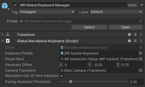 The XRI Global Keyboard Manager prefab in the Inspector window. The Global Non Native Keyboard (Script) component is attached, which displays the default configuration of settings as they appear in the Inspector window.
