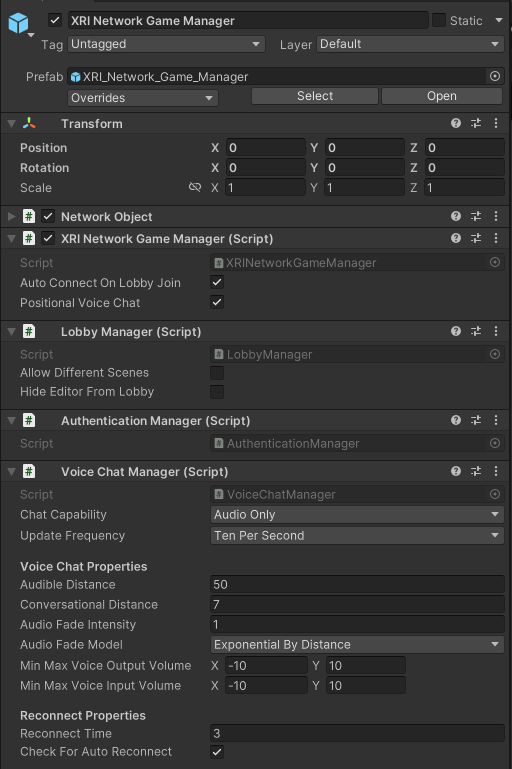 The XRI Network Game Manager prefab in the Inspector window.