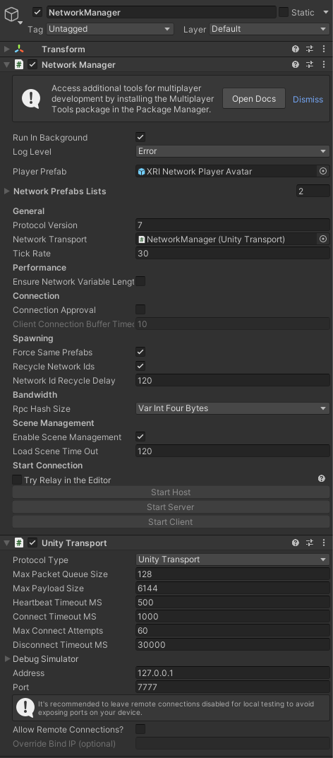 The Network Manager component in the Inspector window.