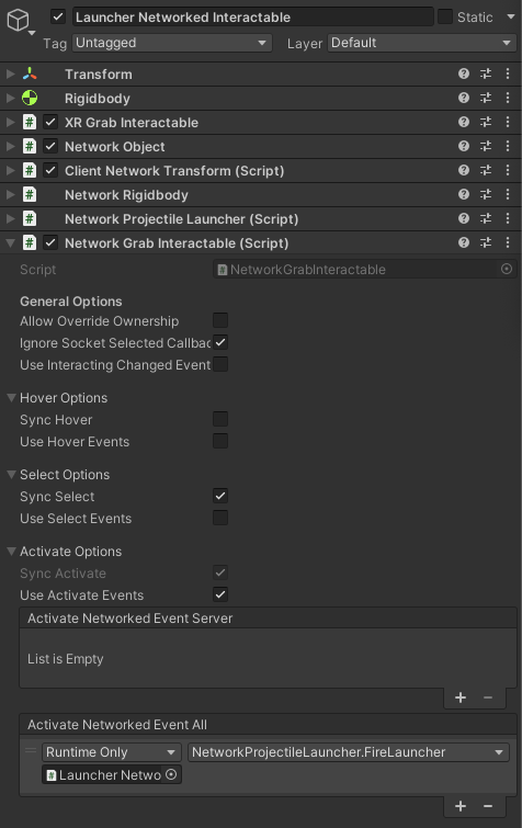 The Inspector window displays an example Networked Interactable. The Network Grab Interactable (script) component) is expanded.