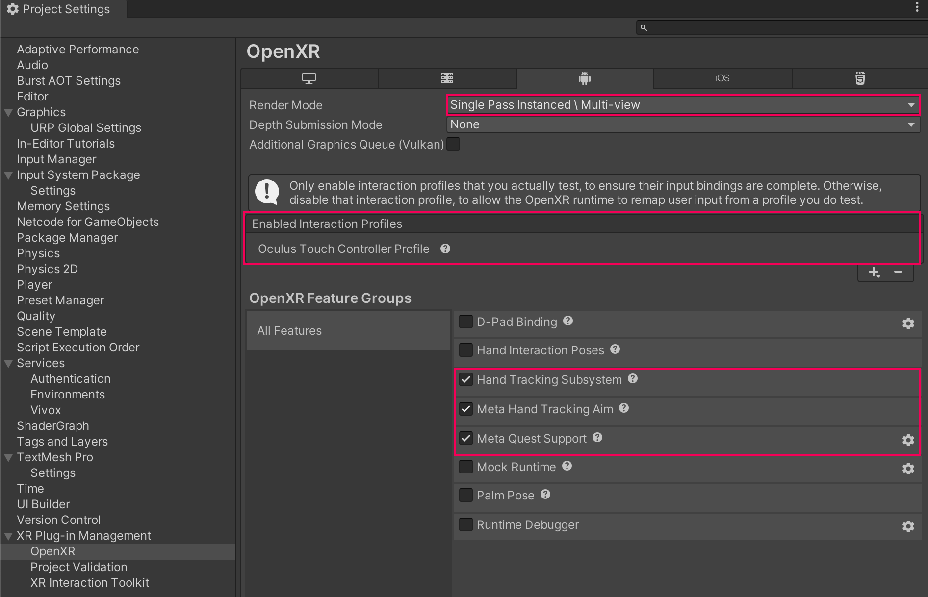 The Project Settings Window shows settings configured for Meta Quest. The OpenXR XR-plugin management settings are open on the Android tab. The Single Pass Instanced\Multi-view Render Mode is highlighted. The Enabled Interaction profiles section is highlighted to show that the Oculus Touch Controller Profile is added to the configuration. Under OpenXR Feature Groups, the following settings are highlighted to show that they should be enabled: Hand Tracking Subsystem, Meta Hand Tracking Aim, Meta Quest Support.