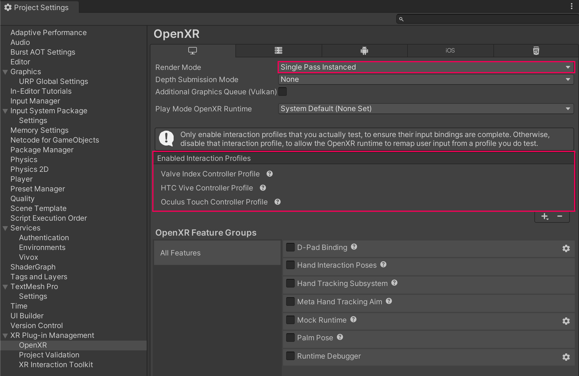 The Project Settings window shows settings configured for PC VR. The OpenXR XR-plugin management settings are open on the PC tab. The Single Pass Render Mode is highlighted. The Enabled Interaction profiles section is highlighted to show that Valve Index Controller Profile, HTC Vive Controller Profile, and Oculus Touch Controller Profile, are added to the configuration.