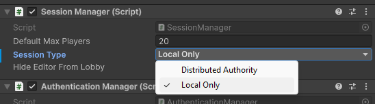 The Session Manager component shows the Session Type field being selected. The Local Only value is selected and highlighted to show that the Local Only session type will be used.
