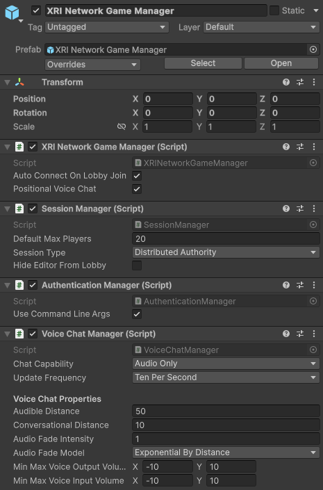 The XRI Network Game Manager prefab in the Inspector window.