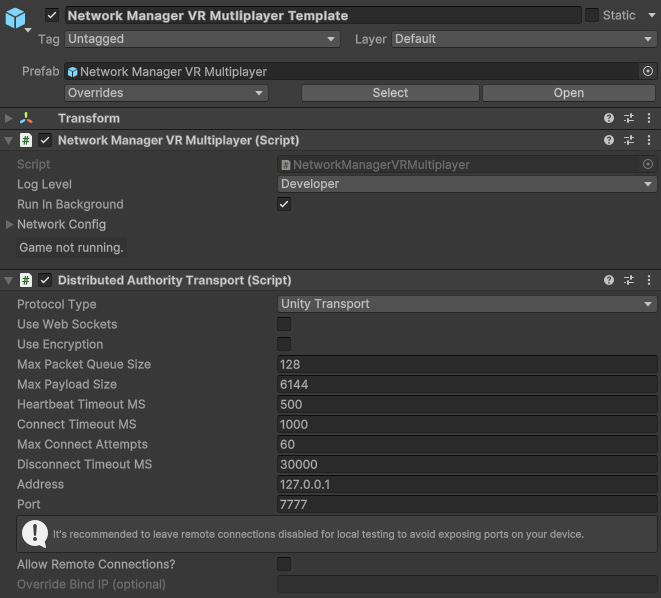 The Network Manager component in the Inspector window.