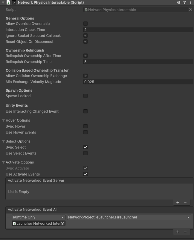 The Inspector window displays an example Networked Interactable. The Network Grab Interactable (script) component) is expanded.