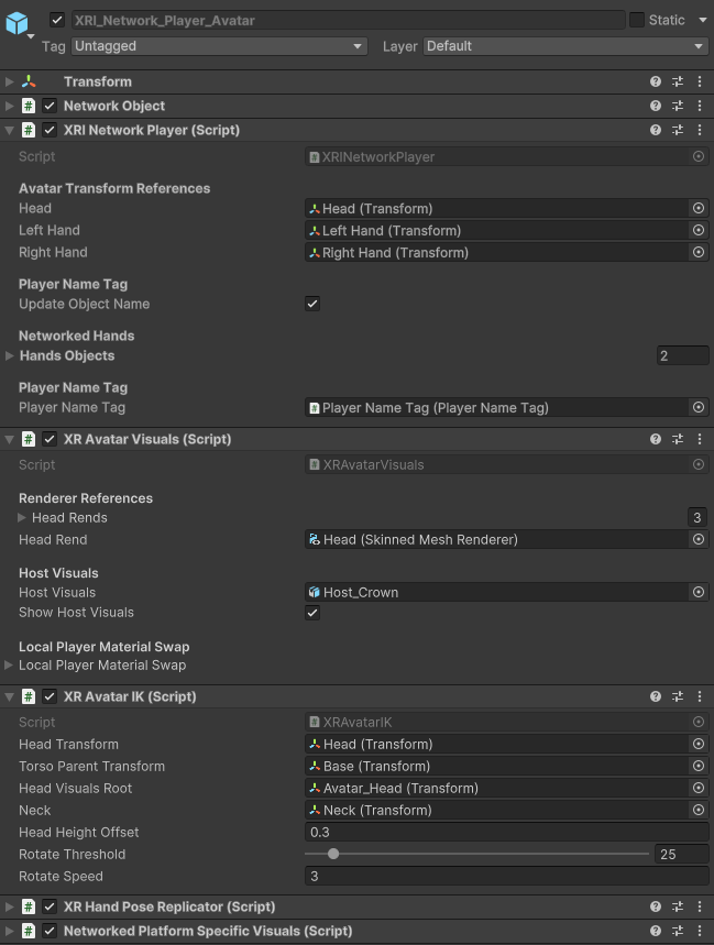 An example Networked Player Avatar in the Inspector window. The XRI Network Player Avatar (Script) and XR Avatar IK (Script) components are attached to the XRI Networked Player Avatar.