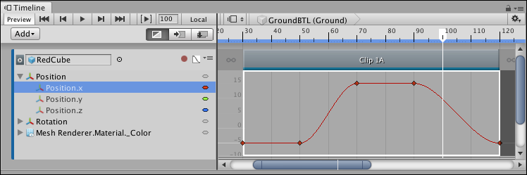 Curves view showing the animation curve for the Position.x property