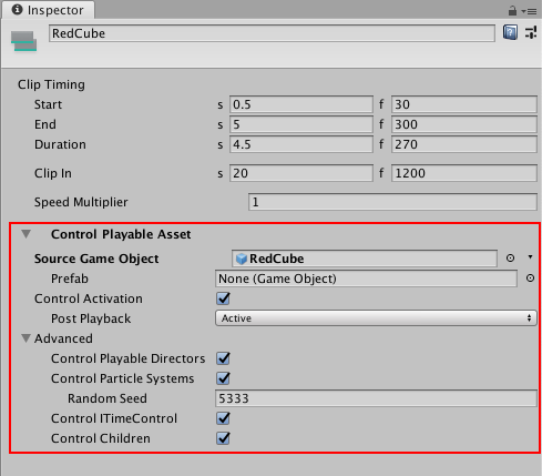 Inspector window showing the **Control Playable Asset** properties for the selected Control clip